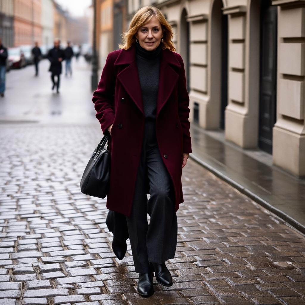 Woman in burgundy wool coat with charcoal turtleneck and trousers on a cobblestone street in Copenhagen