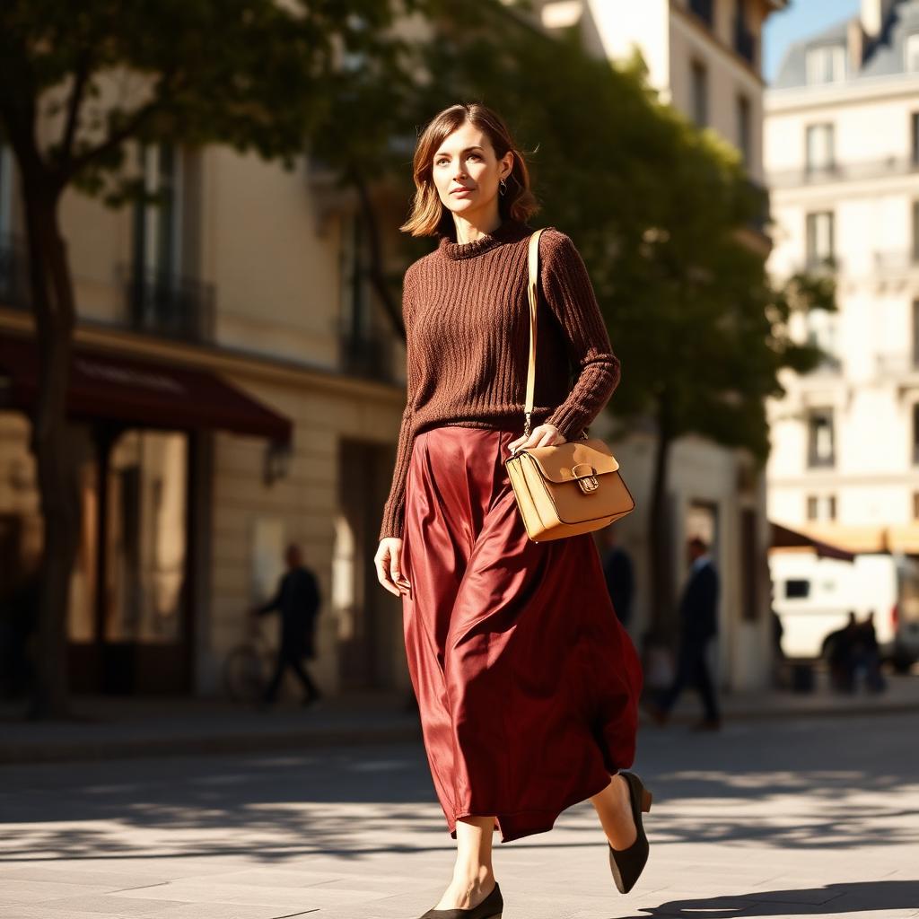 Woman in burgundy silk skirt and chocolate brown cashmere sweater walking through a Parisian plaza