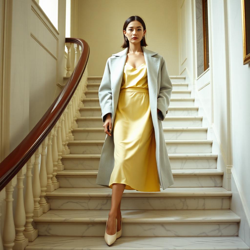 Woman in butter yellow silk slip dress with dove grey wool coat on a marble hotel staircase