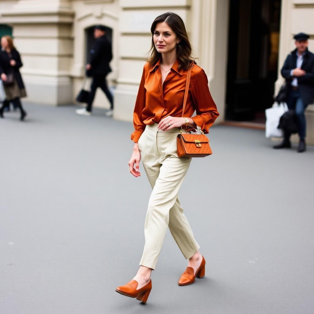 Fashion editor in rust silk blouse, cream trousers, cognac loafers and matching cognac bag, walking outside a Paris show