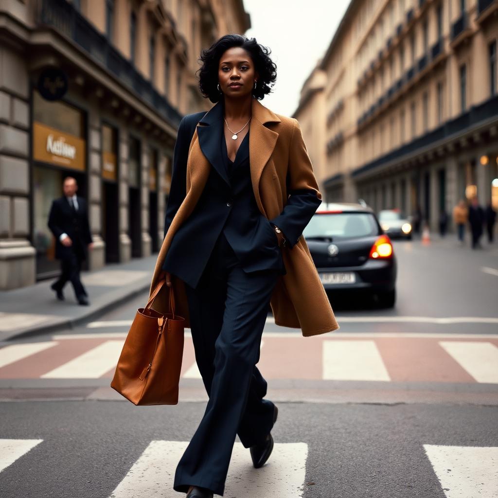 Woman in navy tailored trousers with camel coat and camel leather tote in Milan