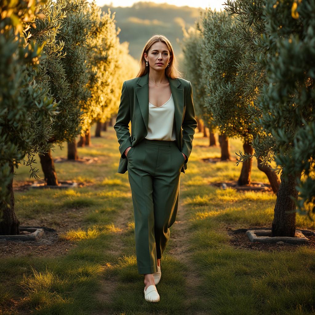 Woman in olive green linen suit and cream silk camisole walking through a Tuscan olive grove