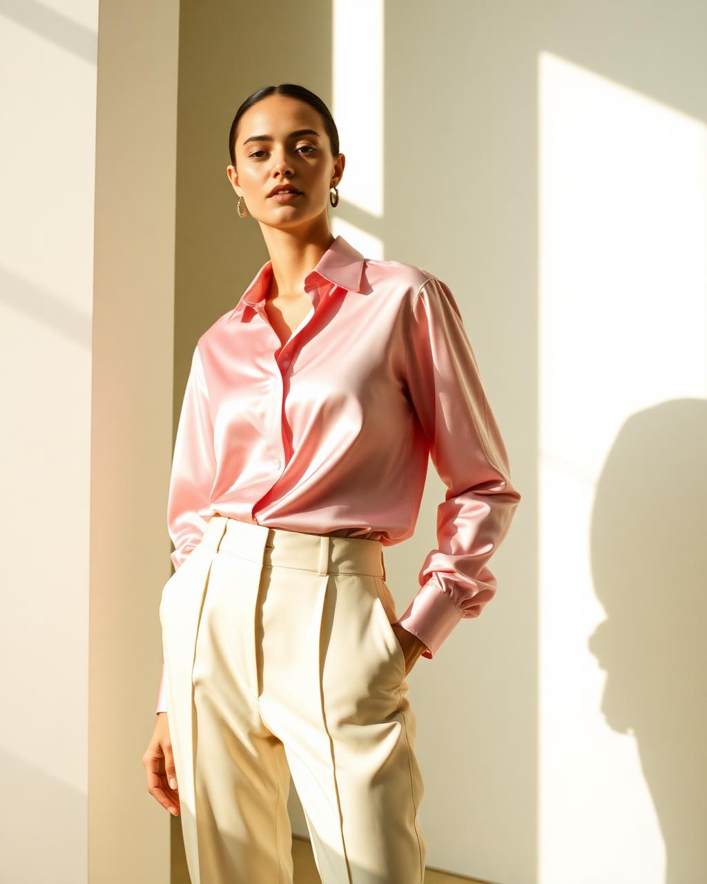 Woman in a baby pink silk shirt and cream tailored trousers in soft daylight