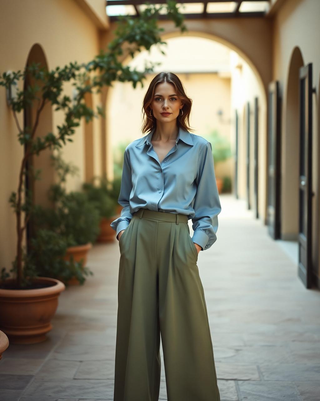 Woman in a soft blue silk shirt and sage green wide-leg trousers in a Mediterranean courtyard