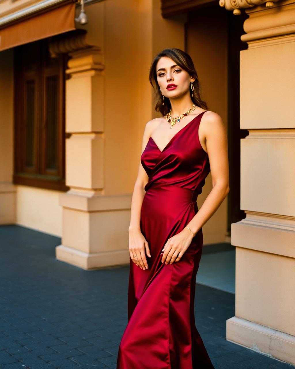 Woman in a burgundy silk midi dress with gold jewellery in evening light in Rome