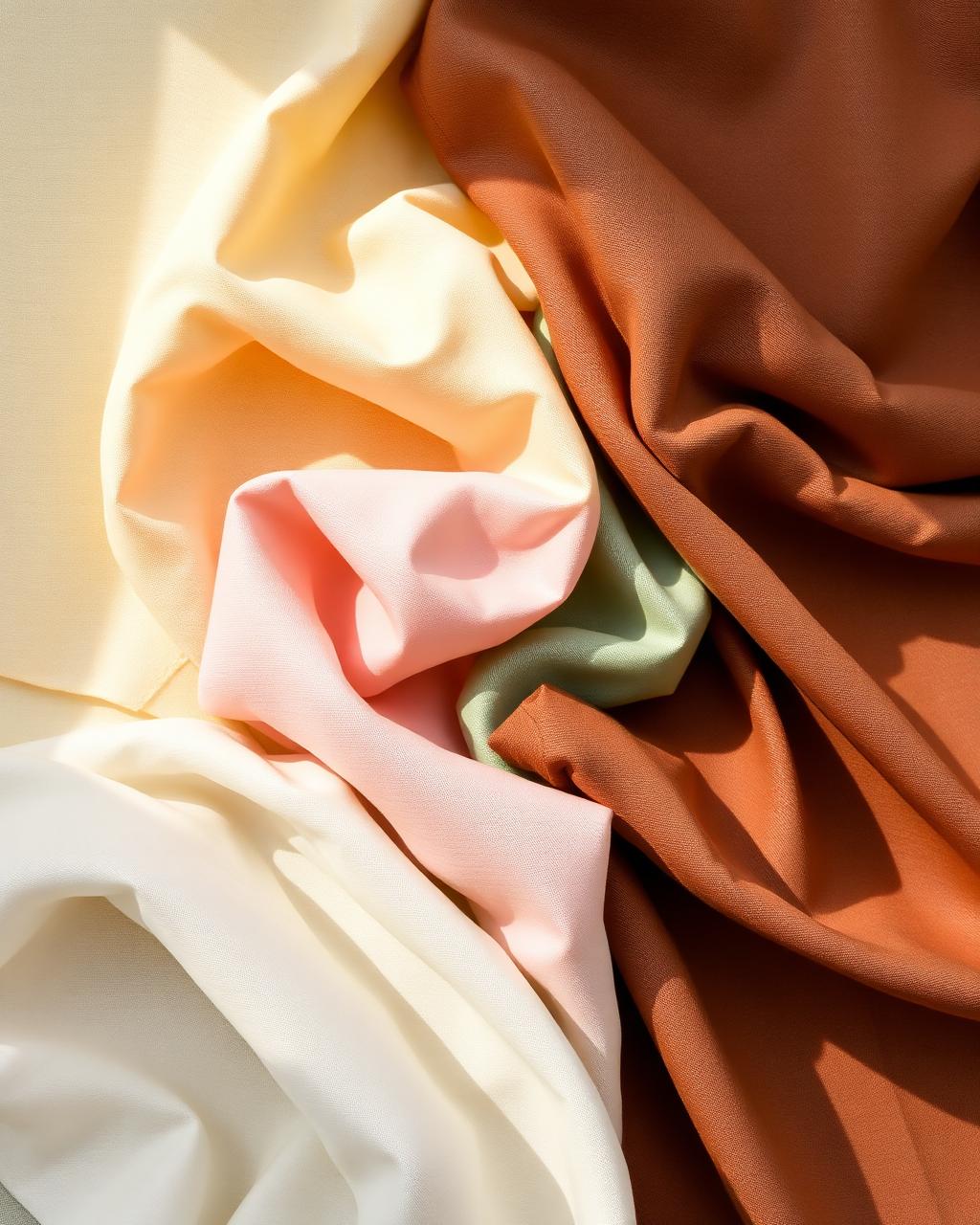 Flatlay of linen, silk and cotton poplin swatches in butter yellow, baby pink, sage green and chocolate brown
