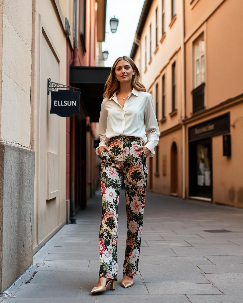 Woman in elegant floral printed trousers with a plain cream silk blouse on a European street