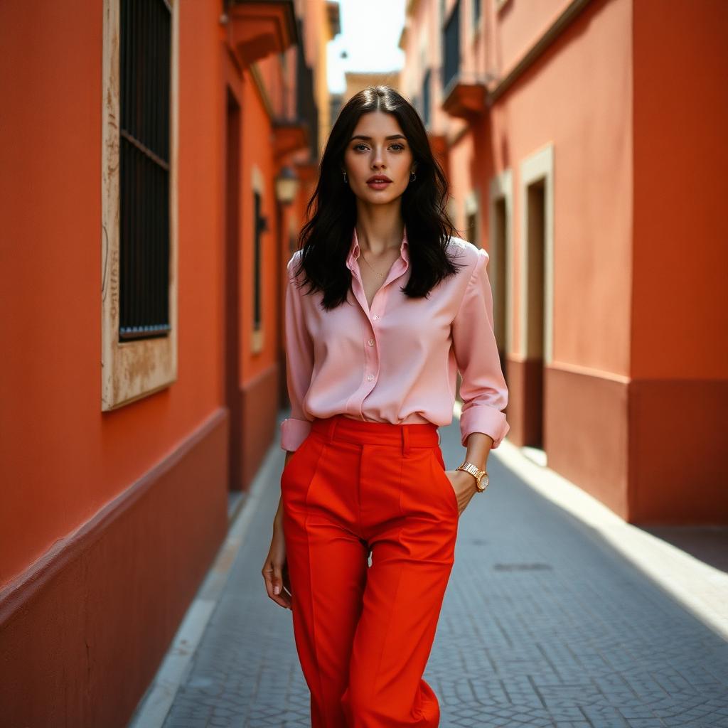 Woman in soft pink silk blouse and tangerine trousers on an ochre European street