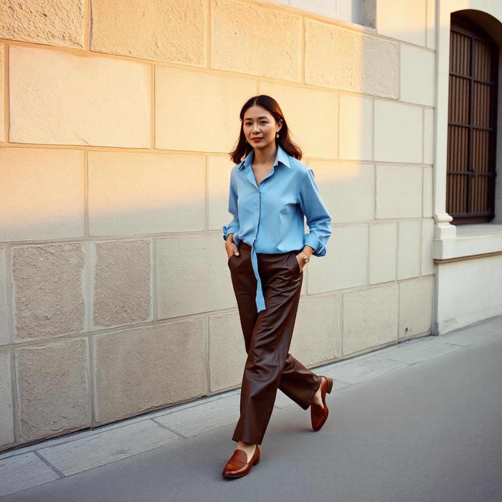 Woman in powder blue cotton shirt and chocolate brown leather trousers in Lisbon