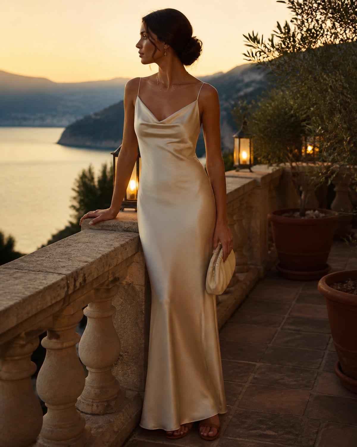Woman in a champagne slip dress on a Mediterranean terrace at dusk with lanterns