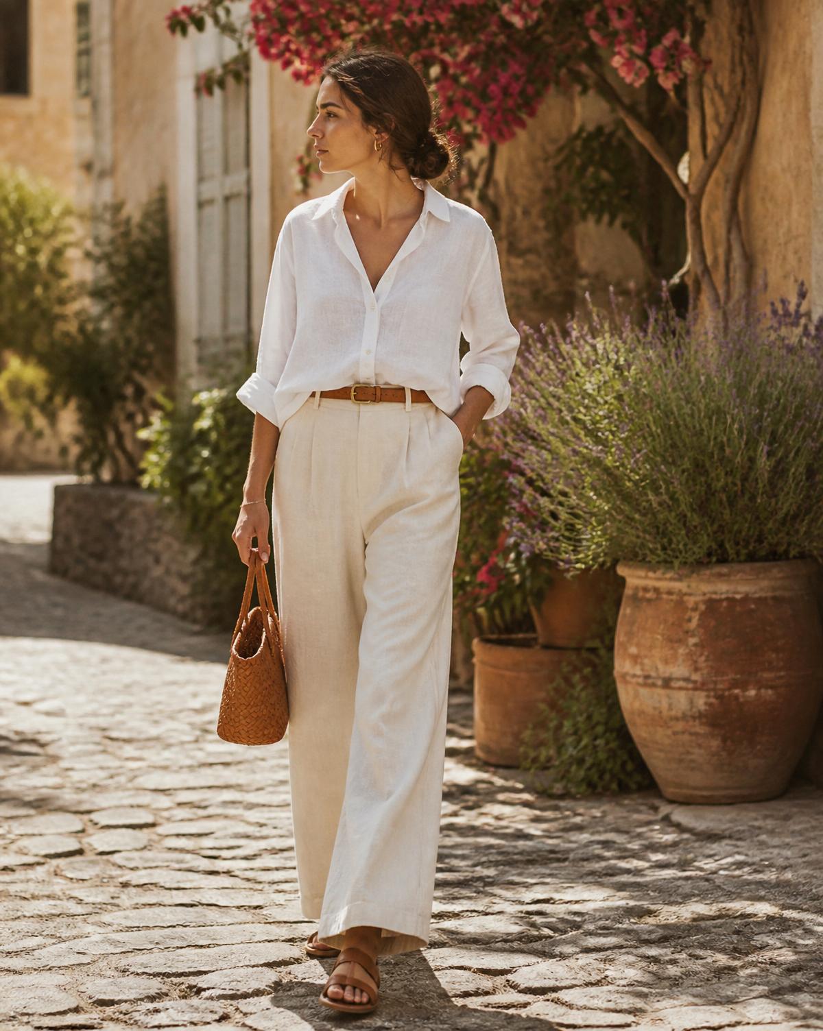 Woman in a white oversized shirt tucked into wide-leg cream linen trousers with a tan leather belt