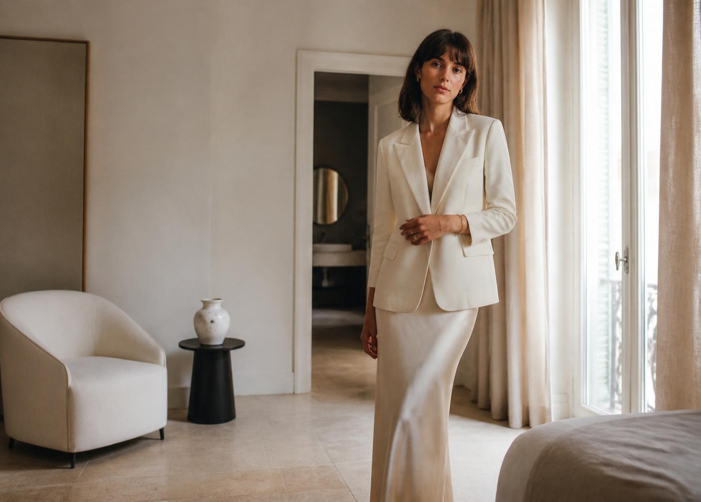 A woman in tailored ivory dressing in a sunlit European interior