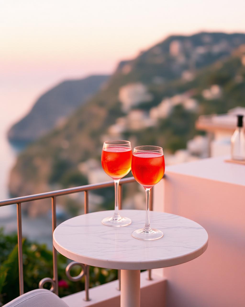Two Aperol Spritz glasses on a marble bistro table on a Positano terrace at sunset, warm pink Amalfi Coast light