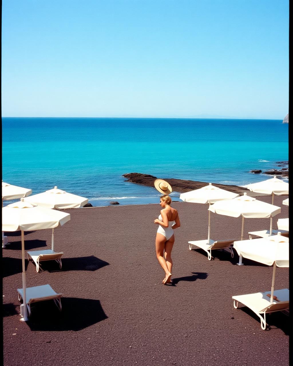 An Amalfi Coast beach club with cream umbrellas in rows on dark volcanic sand and one woman in a white swimsuit walking toward the turquoise sea