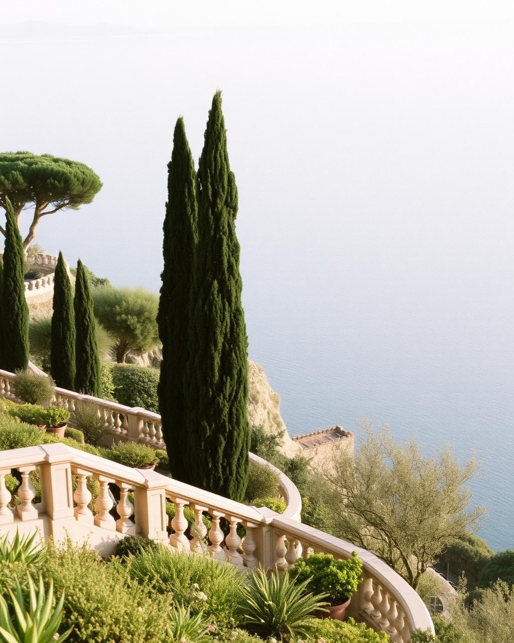 A terraced garden in Ravello Amalfi Coast with cypress trees and a stone balustrade overlooking the Mediterranean at late afternoon