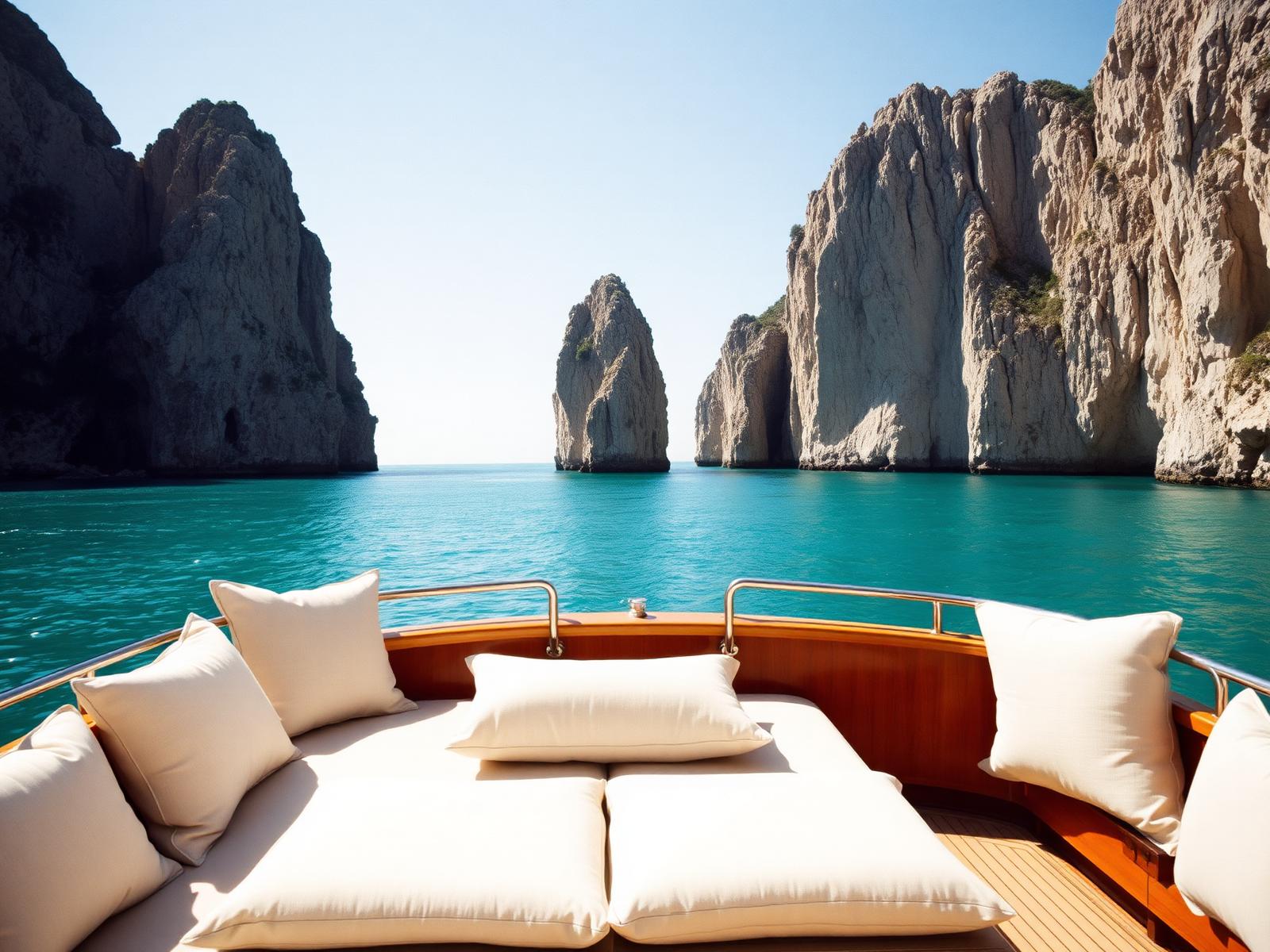 The Faraglioni sea stacks of Capri seen from a wooden yacht with cream linen cushions and turquoise Tyrrhenian sea
