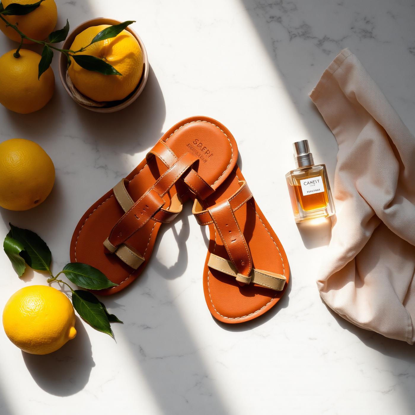 Handmade Capri leather sandals in tan and gold on a marble surface with lemons and a small perfume bottle in warm sunlight