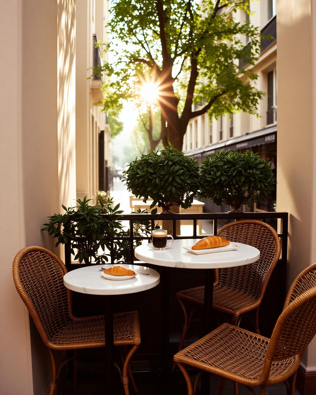 A small Parisian café terrace with wicker chairs, a marble table set with an espresso and a croissant, morning sun filtering through plane trees