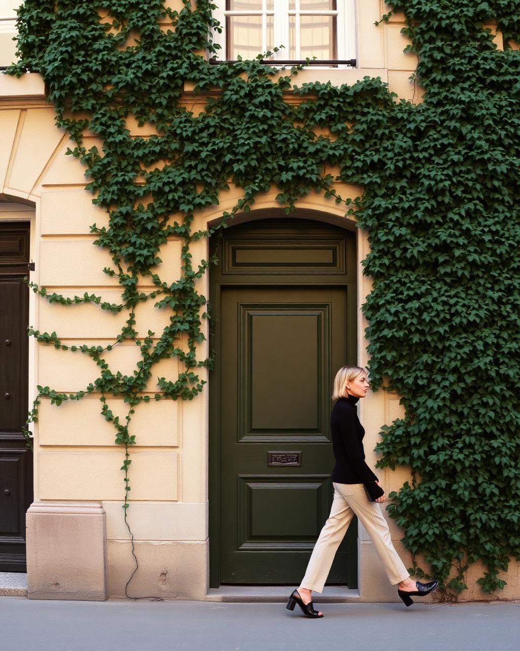 An ivy-covered facade in Le Marais Paris with a deep green wooden door and a woman in tailored trousers walking past