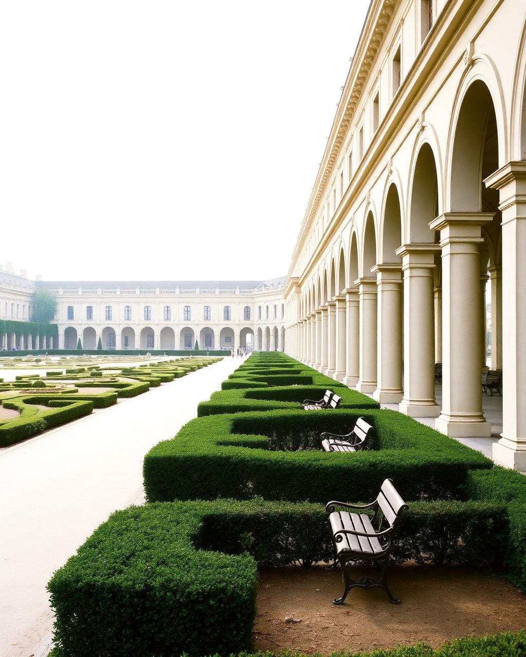 The colonnade of the Palais Royal in Paris, symmetrical arches and clipped hedges under soft morning light