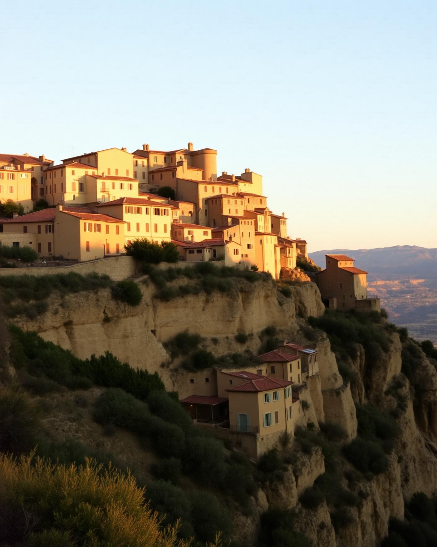 The hilltop village of Gordes in Provence at sunset with honey-coloured stone houses stacked against the cliff