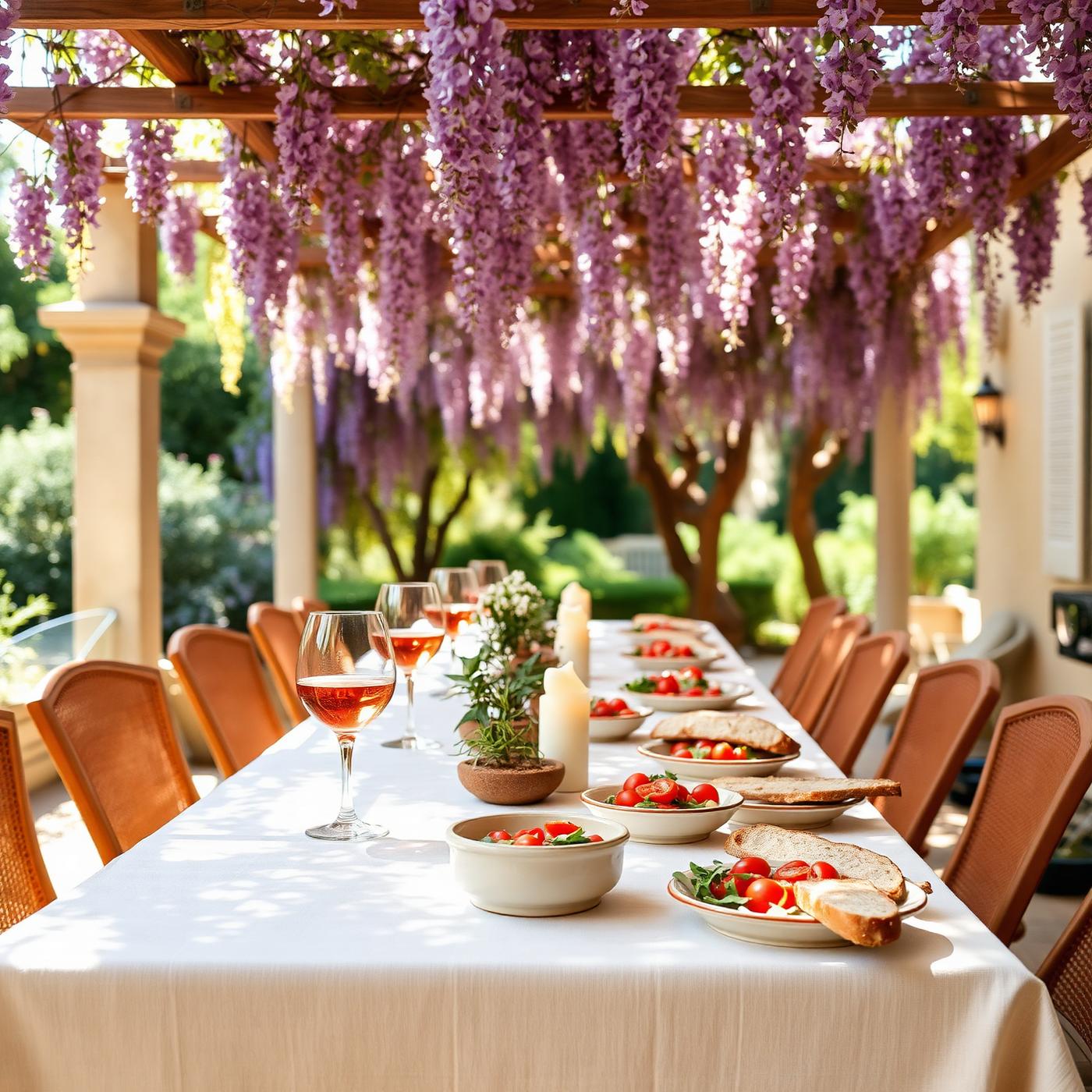 A long linen covered table under a wisteria pergola in Provence with rosé glasses and Provencal food in dappled light