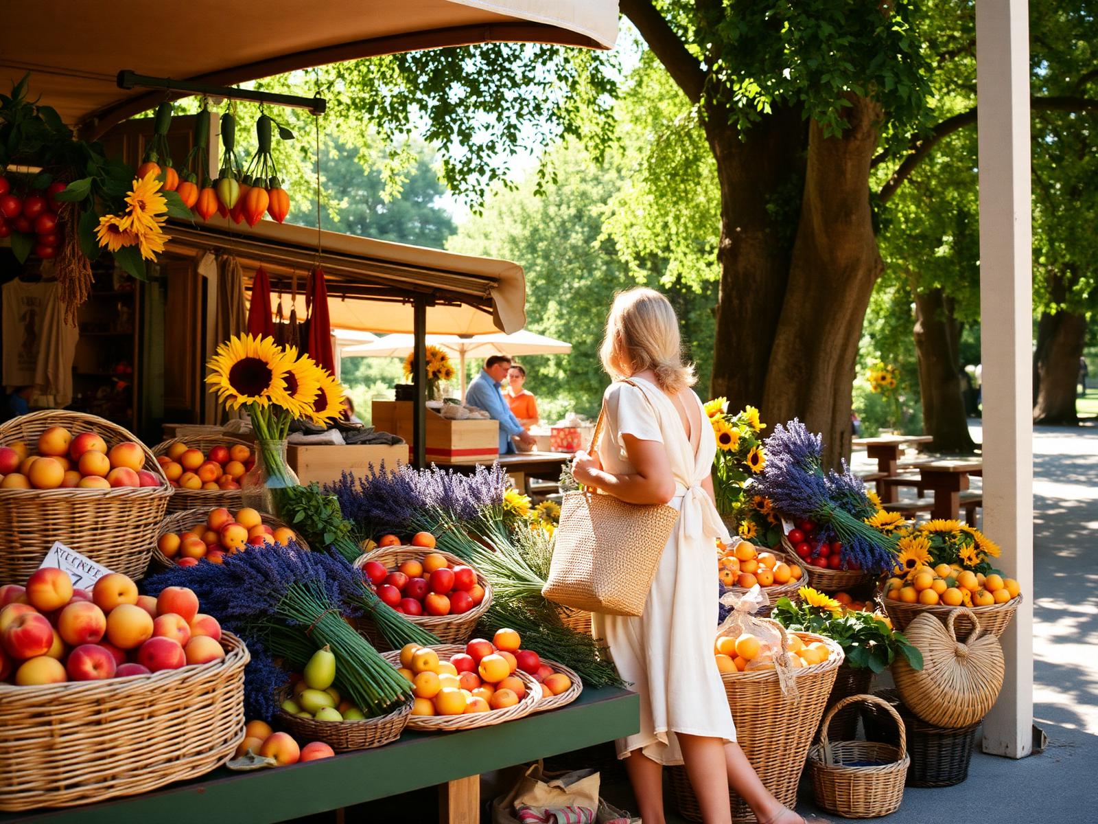 A Provence Sunday market stall with woven baskets of peaches lavender bunches and sunflowers a woman in cream linen with a straw bag under dappled plane tree light