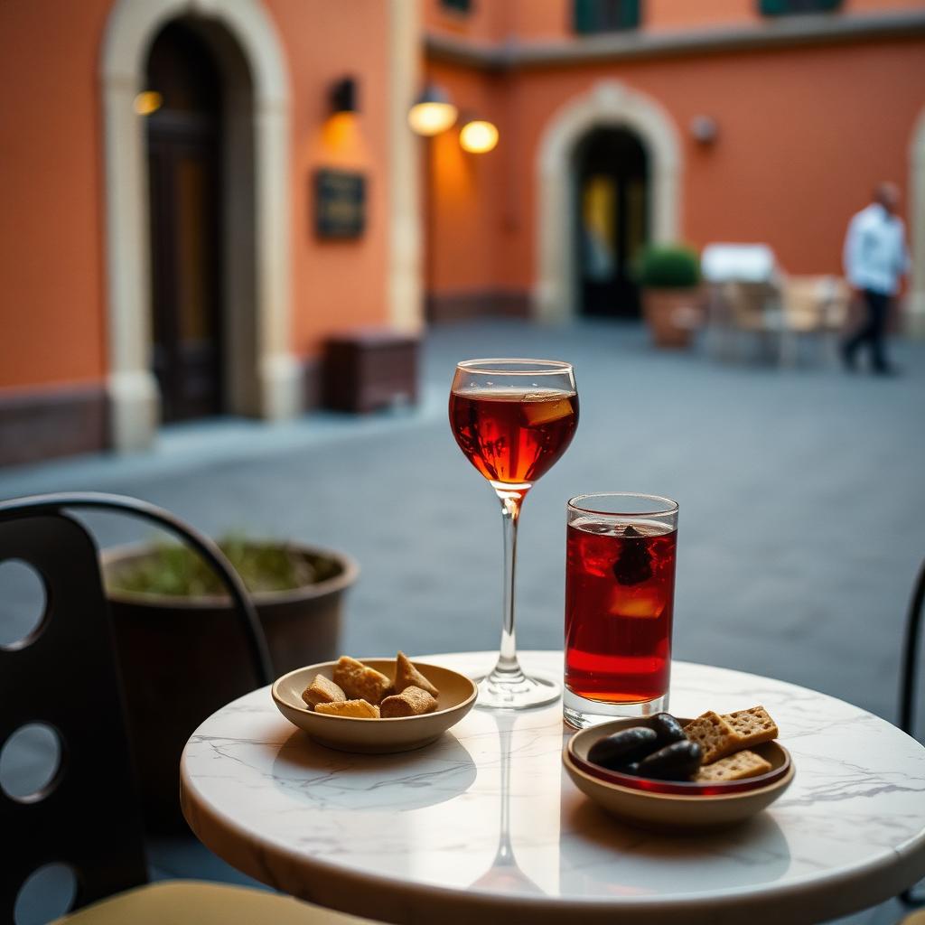 An elegant Roman aperitivo scene with two negroni glasses on a marble bistro table, olives and small snacks, warm evening light on a small piazza with terracotta walls