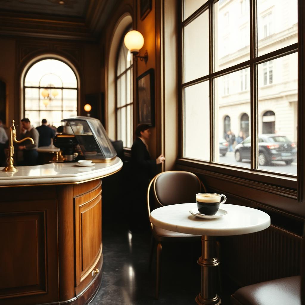 The interior of a historic Roman café with a marble counter, brass fittings, an espresso and pastry on a round marble table by the window
