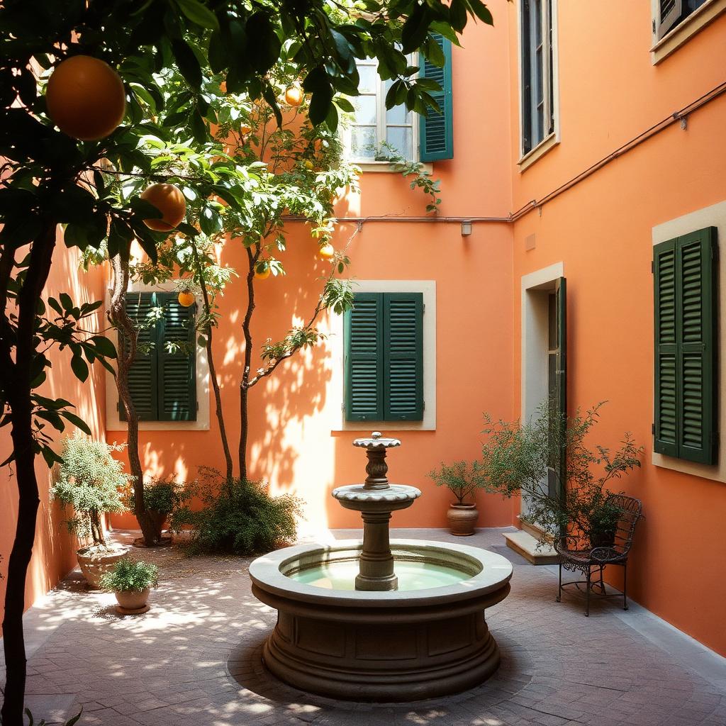 A hidden Roman courtyard with a stone fountain, orange trees and ochre walls with green shutters in dappled afternoon light