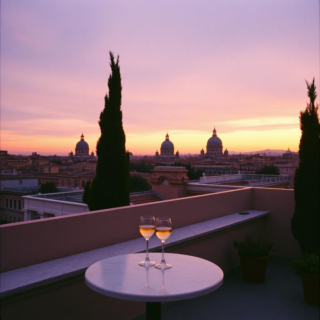 A Roman rooftop terrace at dusk overlooking the domes of Rome with cypress trees and a small marble table with a glass of white wine