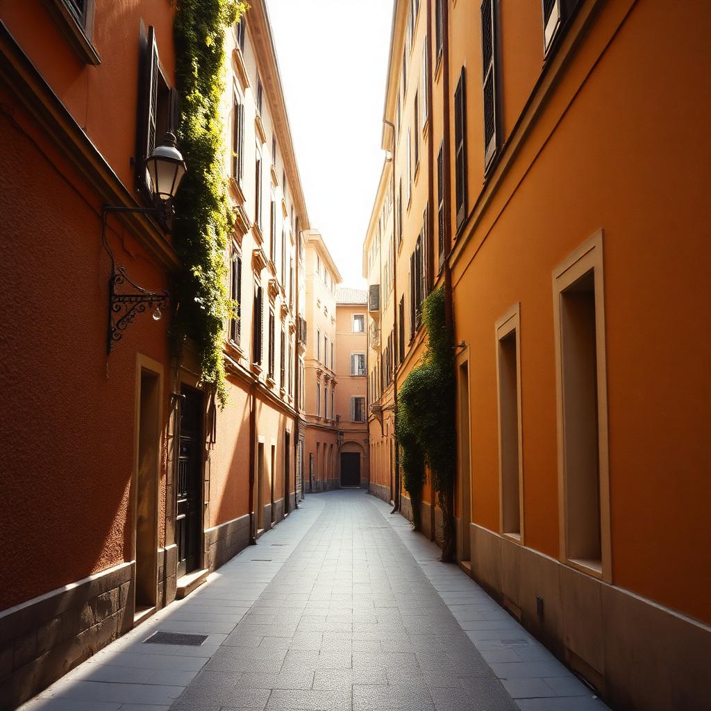 A narrow honey-coloured Roman street in the historic centre with ivy on the walls and morning light