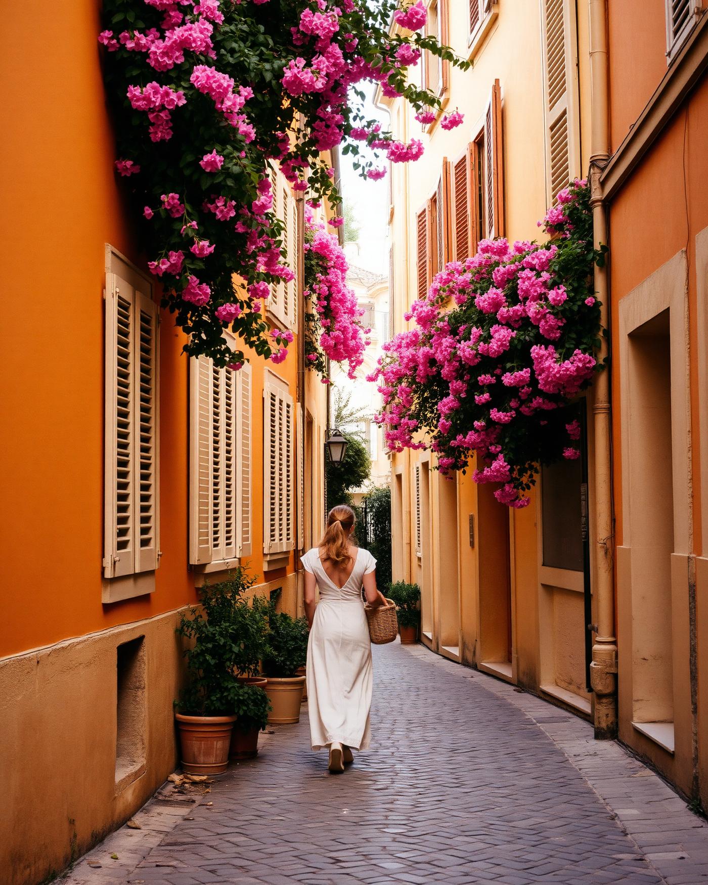 A narrow cobblestone street in Saint-Tropez old town with pastel ochre and pink shuttered facades cascading bougainvillea and a woman in a long ivory linen dress with a straw basket walking away