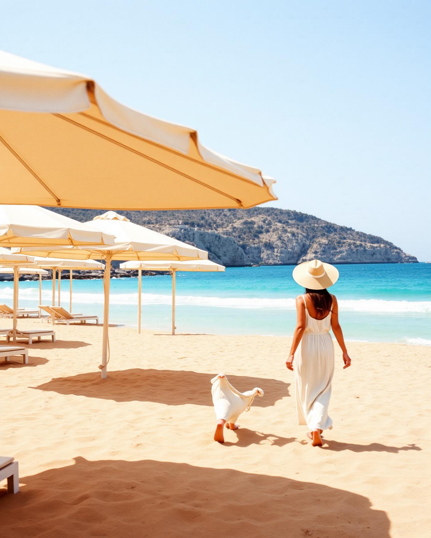 Pampelonne Beach Saint-Tropez with rows of cream canvas beach club umbrellas on golden sand a woman in a long white linen kaftan and straw hat walking toward the turquoise sea