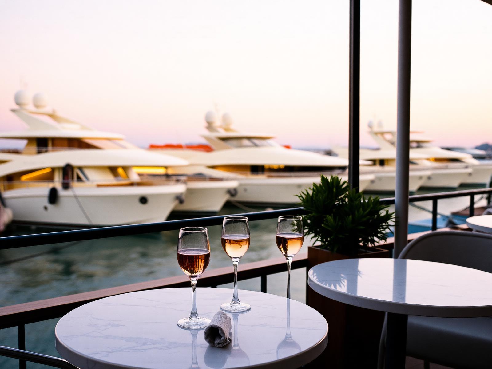 Three chilled glasses of pale rosé on a small marble bistro table on a Saint-Tropez port terrace at sunset with white yachts moored behind