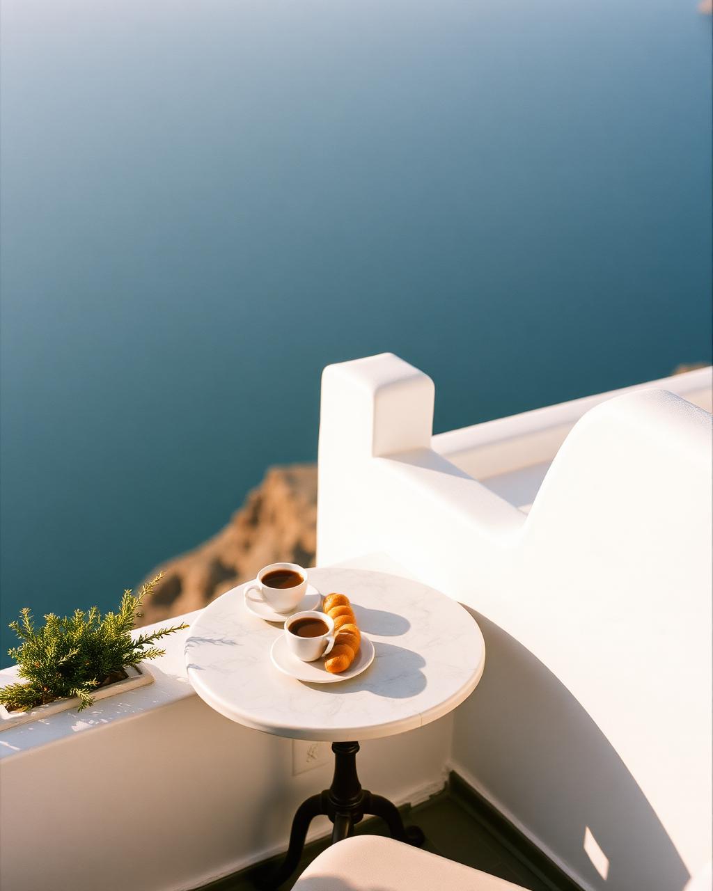 A small marble café table on a whitewashed Santorini terrace with Greek coffee and a plate of loukoumades overlooking the Aegean caldera