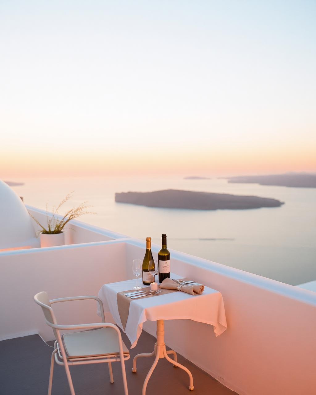 A small table set for two on a Santorini whitewashed terrace at sunset with a bottle of Assyrtiko wine and linen napkins overlooking the Aegean caldera
