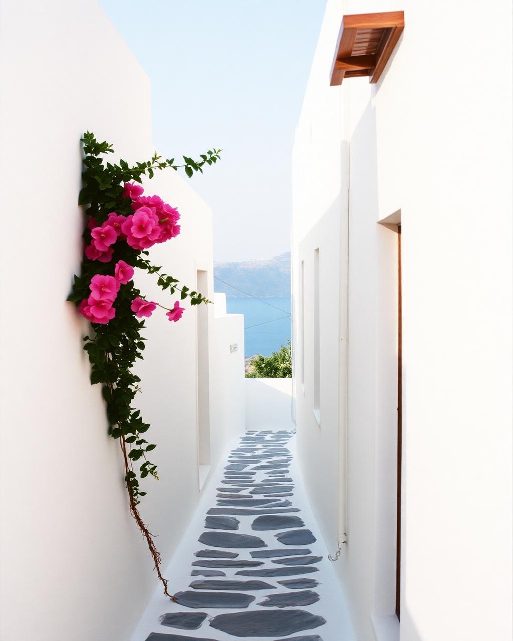 A narrow whitewashed pathway in Imerovigli Santorini with bougainvillea in bloom and a view of the blue Aegean sea